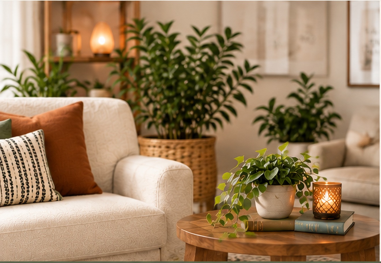 Warm, peaceful therapy-inspired interior with natural light, greenery, cream seating, and terracotta accents