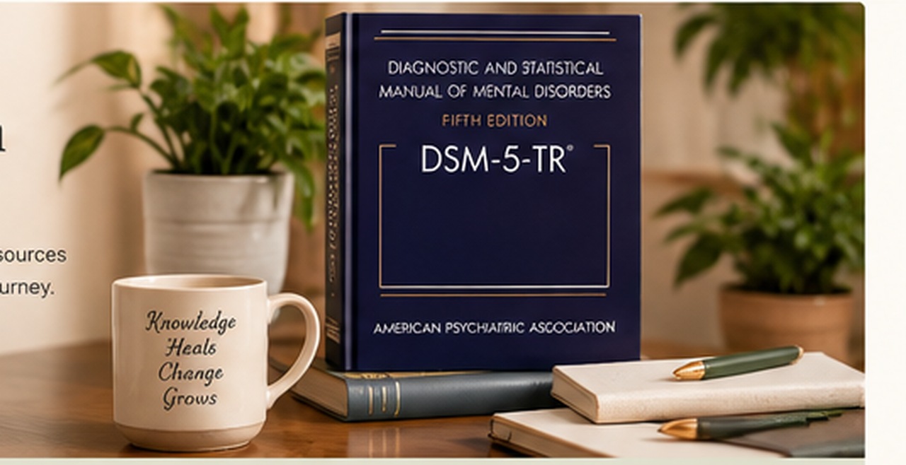 A warm mental health resource desk featuring the DSM-5-TR, plants, a mug, and writing materials
